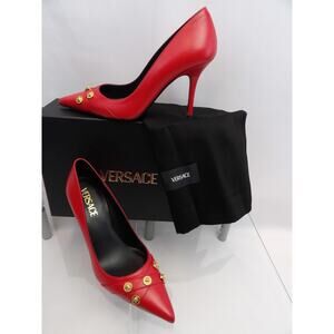 VERSACE RED LEATHER GOLD MEDUSA LOGO STUDS PUMPS 40.5 10.5